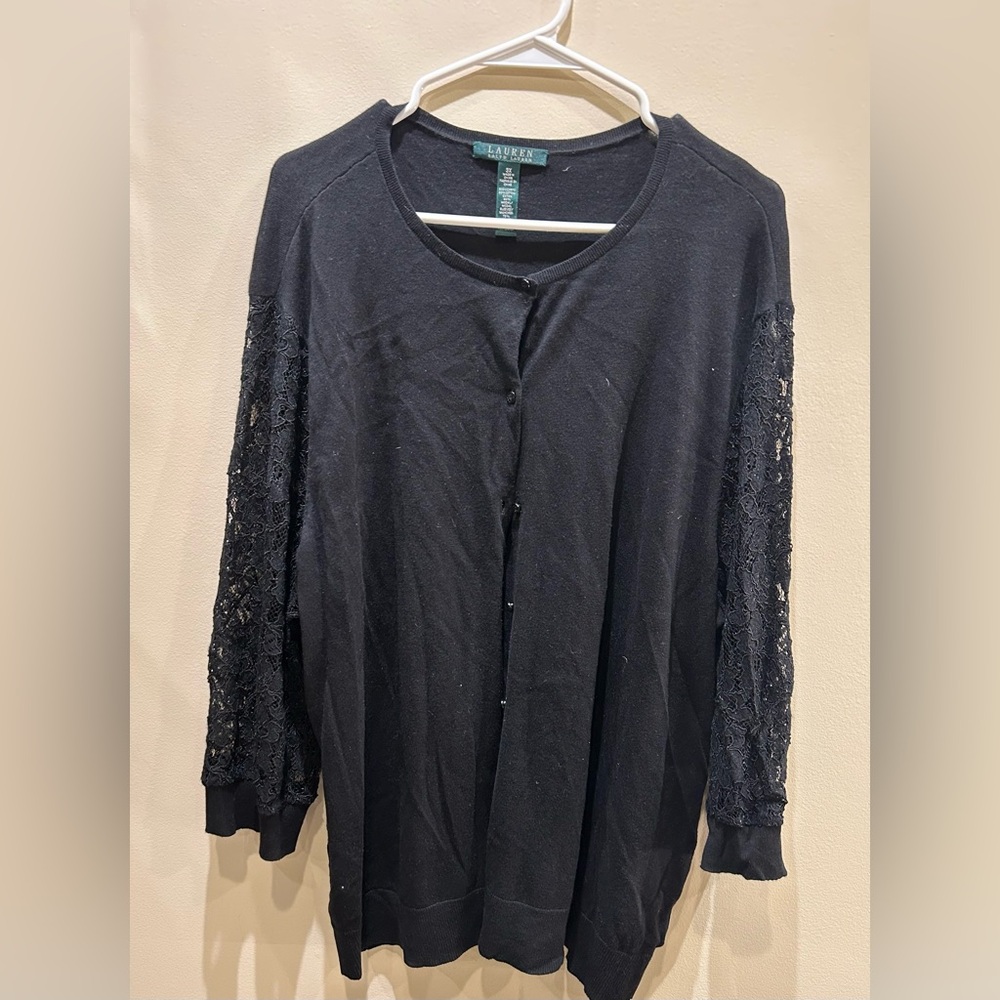 lauren ralph lauren Women Cardigan Black With Lace Sleeve, Size 3X